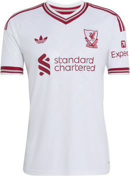 Weißes Liverpool Fußballtrikot mit roten Details und Markenlogos.