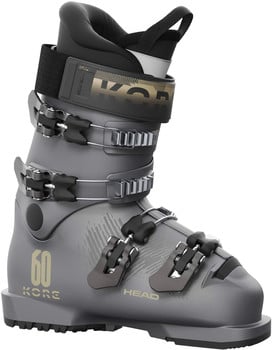 Grauer HEAD KORE 60 Skischuh mit schwarzem Innenschuh und goldenen Details.