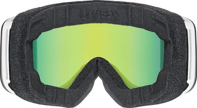 Eine Skibrille mit schwarzem Rahmen und grüner Spiegellinse.