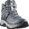 Blauer Salomon Wanderschuh mit grauen Schnürsenkeln und S-Logo.