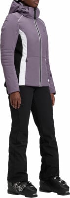 Damen-Skijacke und -hose in Lavendel mit schwarzen und weißen Details. Damen-Skijacke und -hose in Lavendel mit schwarzen und weißen Details.