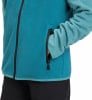 Detail einer Fleecejacke mit Reißverschlusstasche, blaugrüne Farbe.
