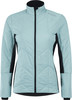 Leicht hellblaue Damen-Steppjacke mit schwarzen Seitenteilen und hohem Kragen.