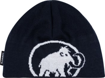 Dunkelblaue Mütze mit weißem Mammut-Logo und Mammut-Schriftzug.
