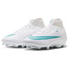 Weiße Nike Fußballschuhe mit türkisfarbenen Streifen und Sockenkragen.