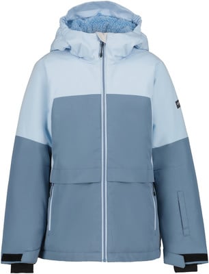 Hellblaue Winterjacke mit Kapuze und kontrastierenden Einsätzen.