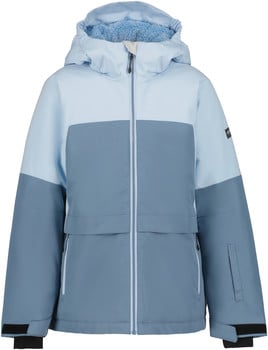 Hellblaue Winterjacke mit Kapuze und kontrastierenden Einsätzen.