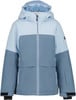 Hellblaue Winterjacke mit Kapuze und kontrastierenden Einsätzen.