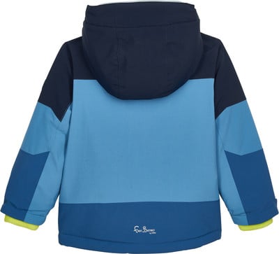 Rückseite einer Kinderjacke in Blautönen mit Kapuze. Rückseite einer Kinderjacke in Blautönen mit Kapuze.