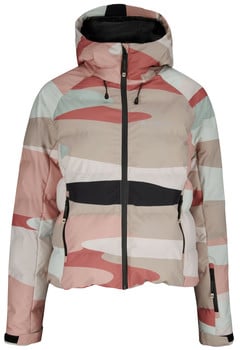 Eine Jacke mit buntem Muster, Kapuze und Reißverschluss.