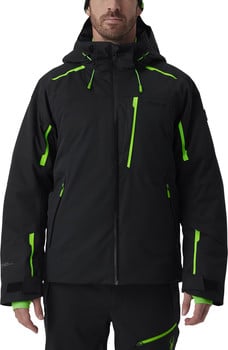 Schwarze Skijacke mit neongrünen Akzenten und Kapuze.
