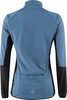 Rückansicht einer blauen Fahrradjacke mit schwarzen Einsätzen und Reißverschlusstasche.