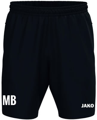 Schwarze Shorts mit weißem JAKO-Logo und Initialen MB.
