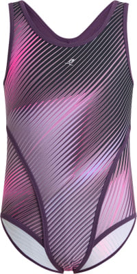 Damenbadeanzug mit geometrischem Streifenmuster in Rosa- und Violetttönen. Damenbadeanzug mit geometrischem Streifenmuster in Rosa- und Violetttönen.