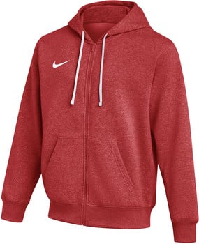 Červená pánska mikina Nike so zipsom a bielymi šnúrkami v kapucni.