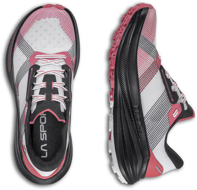 Damen-Laufschuhe in Weiß und Rosa mit schwarzer Sohle.