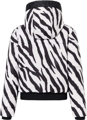 Rückansicht einer weißen Daunenjacke mit schwarzem Zebramuster und schwarzem Kragen. Rückansicht einer weißen Daunenjacke mit schwarzem Zebramuster und schwarzem Kragen.