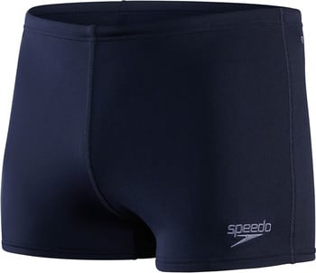 Marineblaue Speedo-Badehose mit Logo am Bein.