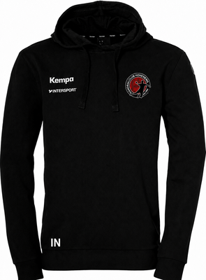 Schwarzer Kapuzenpullover mit Kempa- und Intersport-Logos und Schriftzügen.