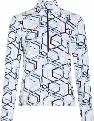 Weißes Fleece-Oberteil mit geometrischem Muster und Reißverschluss am Kragen. Weißes Fleece-Oberteil mit geometrischem Muster und Reißverschluss am Kragen.