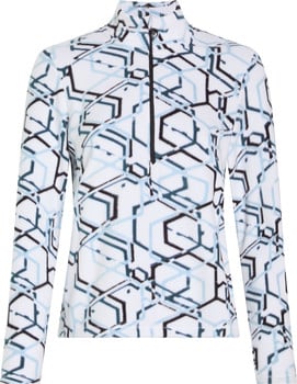 Weißes Fleece-Oberteil mit geometrischem Muster und Reißverschluss am Kragen.