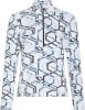 Weißes Fleece-Oberteil mit geometrischem Muster und Reißverschluss am Kragen.