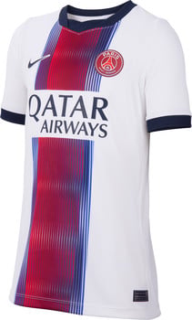 Weißes Paris Saint-Germain Fußballtrikot mit roten und blauen Streifen und Logo.