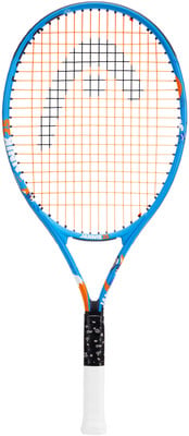 Blauer Tennisschläger mit orangefarbenen Saiten und Head-Logo.