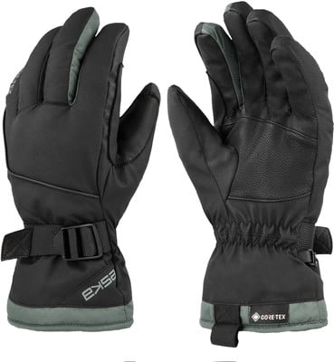 Ein Paar schwarze Skihandschuhe mit blaugrünen Details und GORE-TEX-Logo. Ein Paar schwarze Skihandschuhe mit blaugrünen Details und GORE-TEX-Logo.
