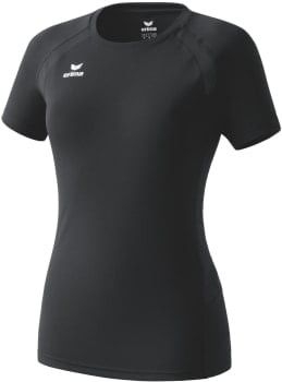 Schwarzes Damen-T-Shirt mit kurzen Ärmeln und weißem Erima-Logo.