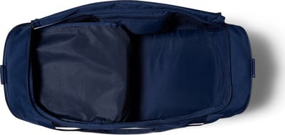 Geöffnete dunkelblaue Tasche mit interner Trennwand und Reißverschlusstasche.