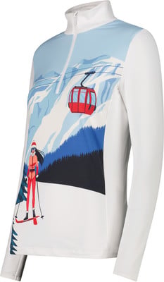 Weißes Skishirt mit Aufdruck von Bergen, Seilbahn und Skifahrerin.