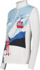 Weißes Skishirt mit Aufdruck von Bergen, Seilbahn und Skifahrerin.