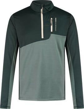 Dunkelgrüner Herrenpullover mit kurzem Reißverschluss und asymmetrischem Design.