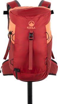 Ein roter und oranger Rucksack der Marke Kohla mit einem Logo.