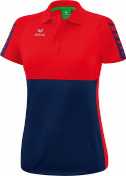 Rotes Poloshirt mit dunkelblauem Unterteil und Erima-Logo.
