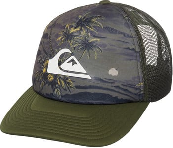 Grüne Kappe mit Palmenmuster und Quiksilver-Logo.