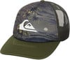 Grüne Kappe mit Palmenmuster und Quiksilver-Logo.