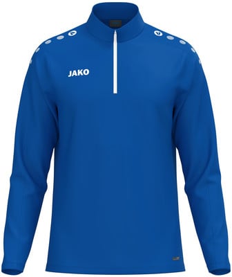 Blaues Sport-Sweatshirt mit weißem Reißverschluss und JAKO-Logo. Blaues Sport-Sweatshirt mit weißem Reißverschluss und JAKO-Logo.