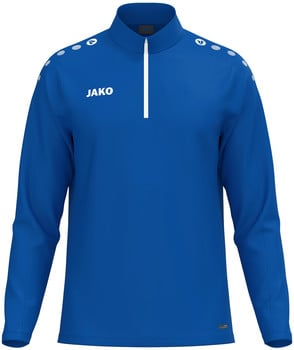 Blaues Sport-Sweatshirt mit weißem Reißverschluss und JAKO-Logo.