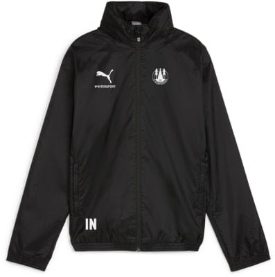 Schwarze Puma-Jacke mit Intersport-Logo und Vereinswappen.