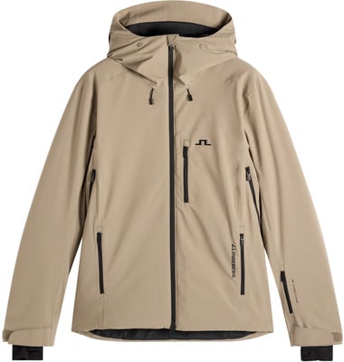 Beige Herrenjacke mit Kapuze und schwarzen Reißverschlüssen, Logo auf der Brust. Beige Herrenjacke mit Kapuze und schwarzen Reißverschlüssen, Logo auf der Brust.