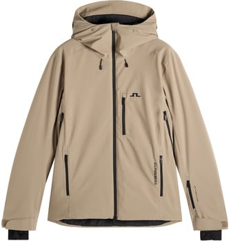 Beige Herrenjacke mit Kapuze und schwarzen Reißverschlüssen, Logo auf der Brust.