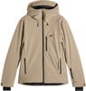 Beige Herrenjacke mit Kapuze und schwarzen Reißverschlüssen, Logo auf der Brust.