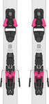 Salomon Skibindung mit rosa Elementen auf weißen Skiern.