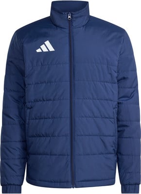Eine blaue gesteppte Adidas-Jacke mit weißem Logo auf der linken Brustseite. Eine blaue gesteppte Adidas-Jacke mit weißem Logo auf der linken Brustseite.