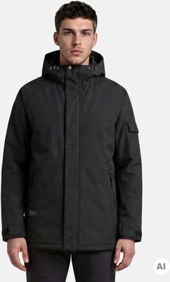 Ein Mann in einer schwarzen Winterjacke mit Kapuze und Brusttaschen. Ein Mann in einer schwarzen Winterjacke mit Kapuze und Brusttaschen.