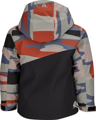 Rückseite einer Kinderjacke mit Camouflage-Muster und schwarzem unteren Teil.