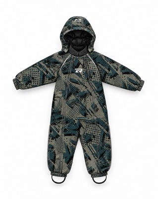 Grüner Winteroverall mit Kapuze und abstraktem Muster. Grüner Winteroverall mit Kapuze und abstraktem Muster.
