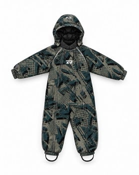Grüner Winteroverall mit Kapuze und abstraktem Muster.